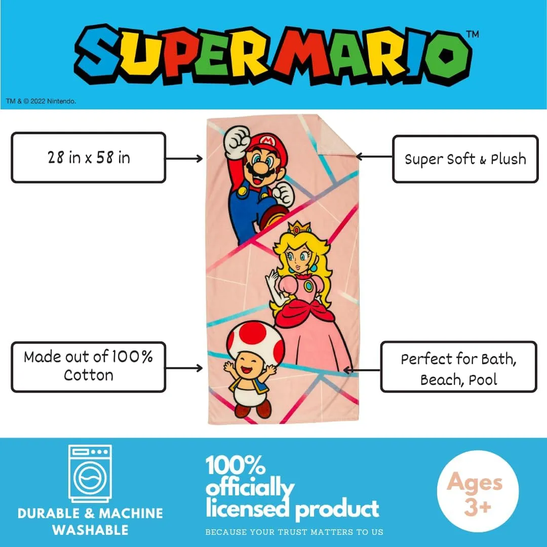 Franco Super Mario Girl Princess Peach Kids Super Soft Cotton Bath/Pool/Beach Towel, 58 in x 28 in, (Officially Licensed Product)