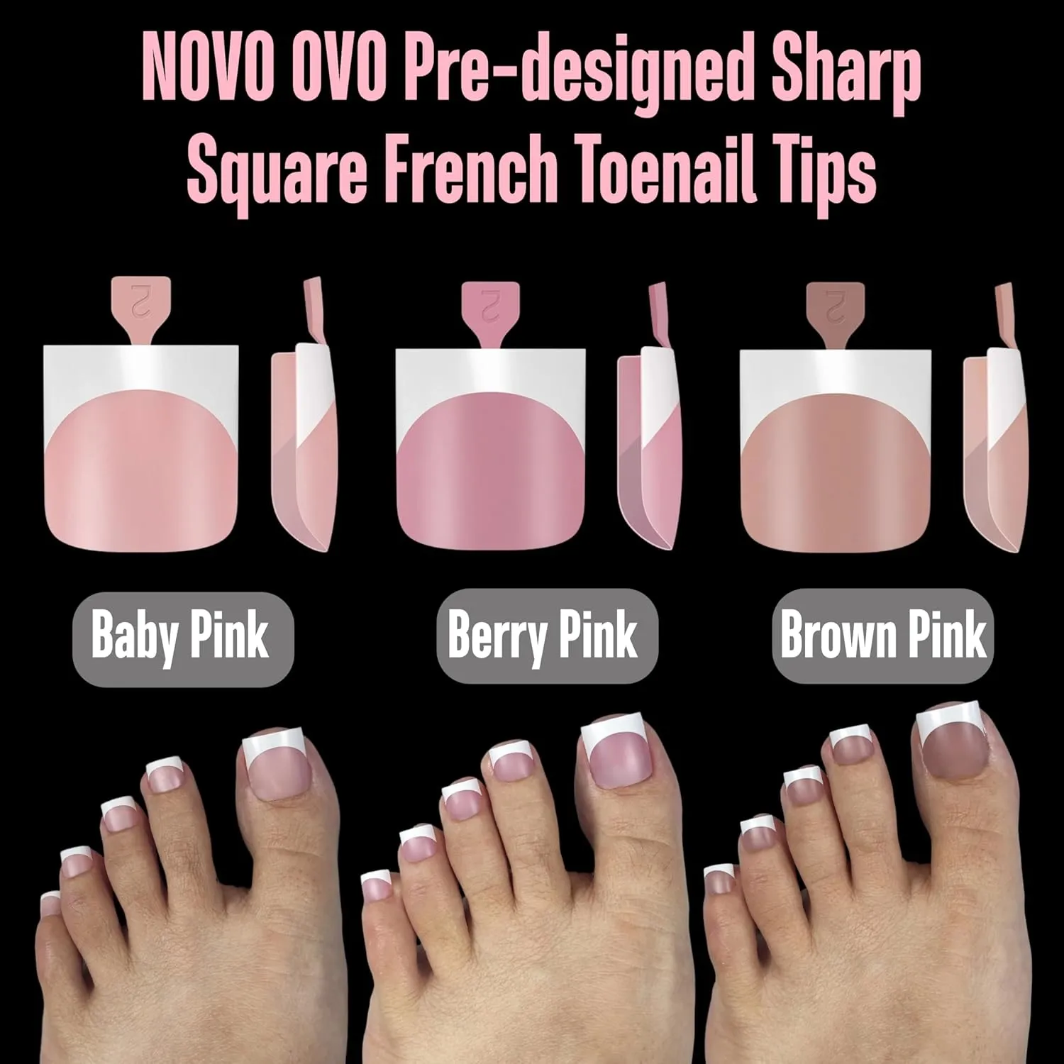 French Tip Toe Nail Tips Press on, Sharp Square Pre-Designed Soft Gel False Toenail Extension, BERRY PINK Pre-applied Tip Primer & Base Coat, Full Cover Acrylic for DIY x 15 Sizes 240 pcs