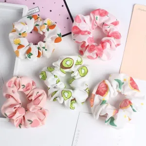 Fruit Pattern Hair Scrunchies, 5 Pack, Elastic Hair Ties for Women, Orange Citrus, Pink Peach, Kiwi Design