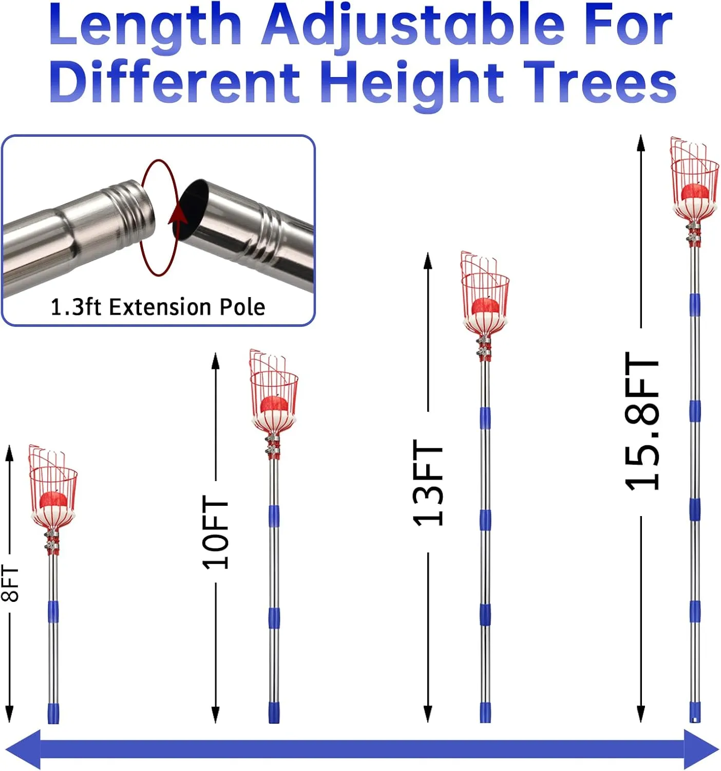Fruit Picker Pole with Basket - 13 Foot Adjustable Height Fruit Picker Tool with Stainless Steel Fruit Picking Pole for Apple Cherry Berry Fit Orange Blueberry Mango Avocado Lemon Peach