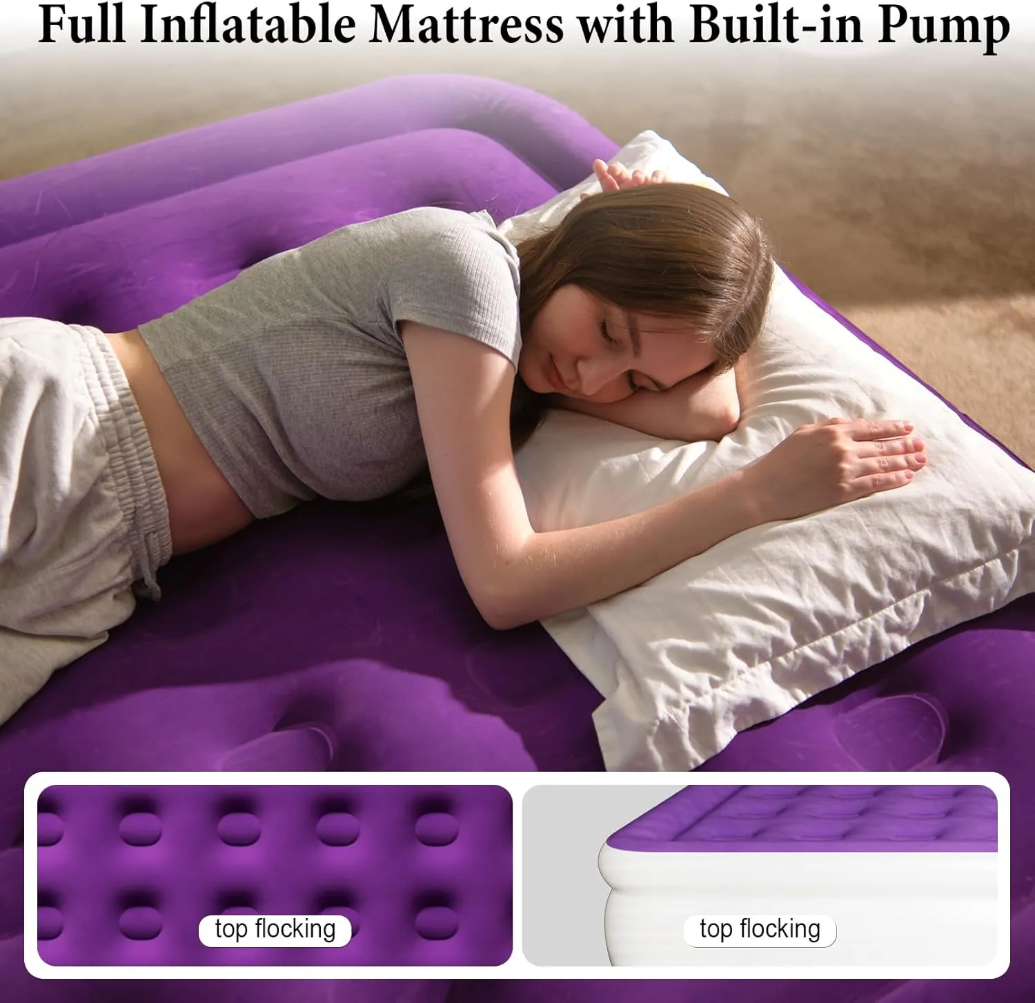Full Air Mattress with Built in Pump, Inflatable Mattress for Home, Blow up Air Bed 3 Min Quick Inflation and Deflation, Thin Velvet Top, 18'' Full Size Purple