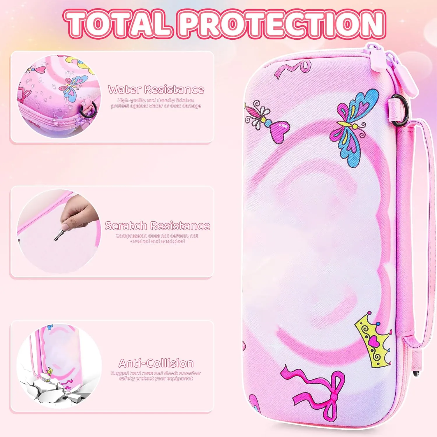 FUNDIARY Cute for Princess Peach Carrying Case Compatible with Nintendo Switch, Pink Travel Case Bag Bundle for Switch Console with Soft TPU Cover, Shoulder Strap, Screen Protector and 2 Thumb Caps