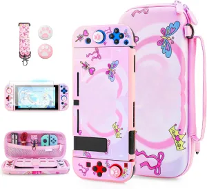 FUNDIARY Cute for Princess Peach Carrying Case Compatible with Nintendo Switch, Pink Travel Case Bag Bundle for Switch Console with Soft TPU Cover, Shoulder Strap, Screen Protector and 2 Thumb Caps
