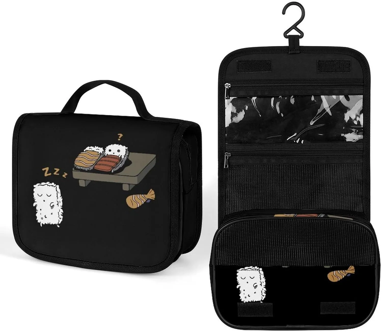Funny Sleepwalking Sushi Travel Toiletry Bag Full Print Wash Makeup Bag Portable Cosmetic Organizer with Hook Handbag