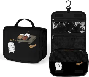 Funny Sleepwalking Sushi Travel Toiletry Bag Full Print Wash Makeup Bag Portable Cosmetic Organizer with Hook Handbag
