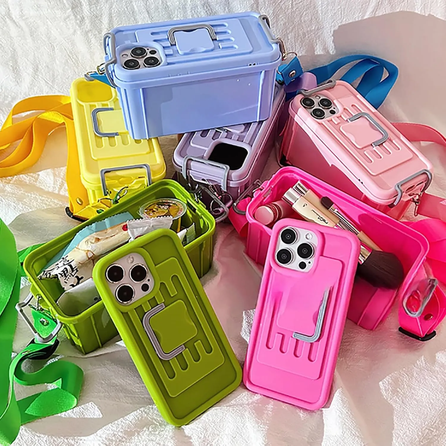 Funny Suitcase Crossbody Phone Case, Creative Silicone Cross Body Phone Case with Storage Box 2 in 1 Crossbody Bag Shape Phone Case Can Hold Lipstick Foundation Keys Cards (for iPhone14PRO MAX,Purple)