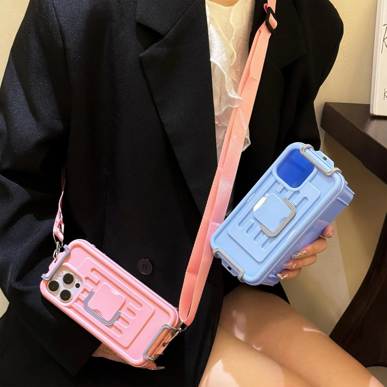 Funny Suitcase Crossbody Phone Case, Creative Silicone Cross Body Phone Case with Storage Box 2 in 1 Crossbody Bag Shape Phone Case Can Hold Lipstick Foundation Keys Cards (for iPhone14PRO MAX,Purple)