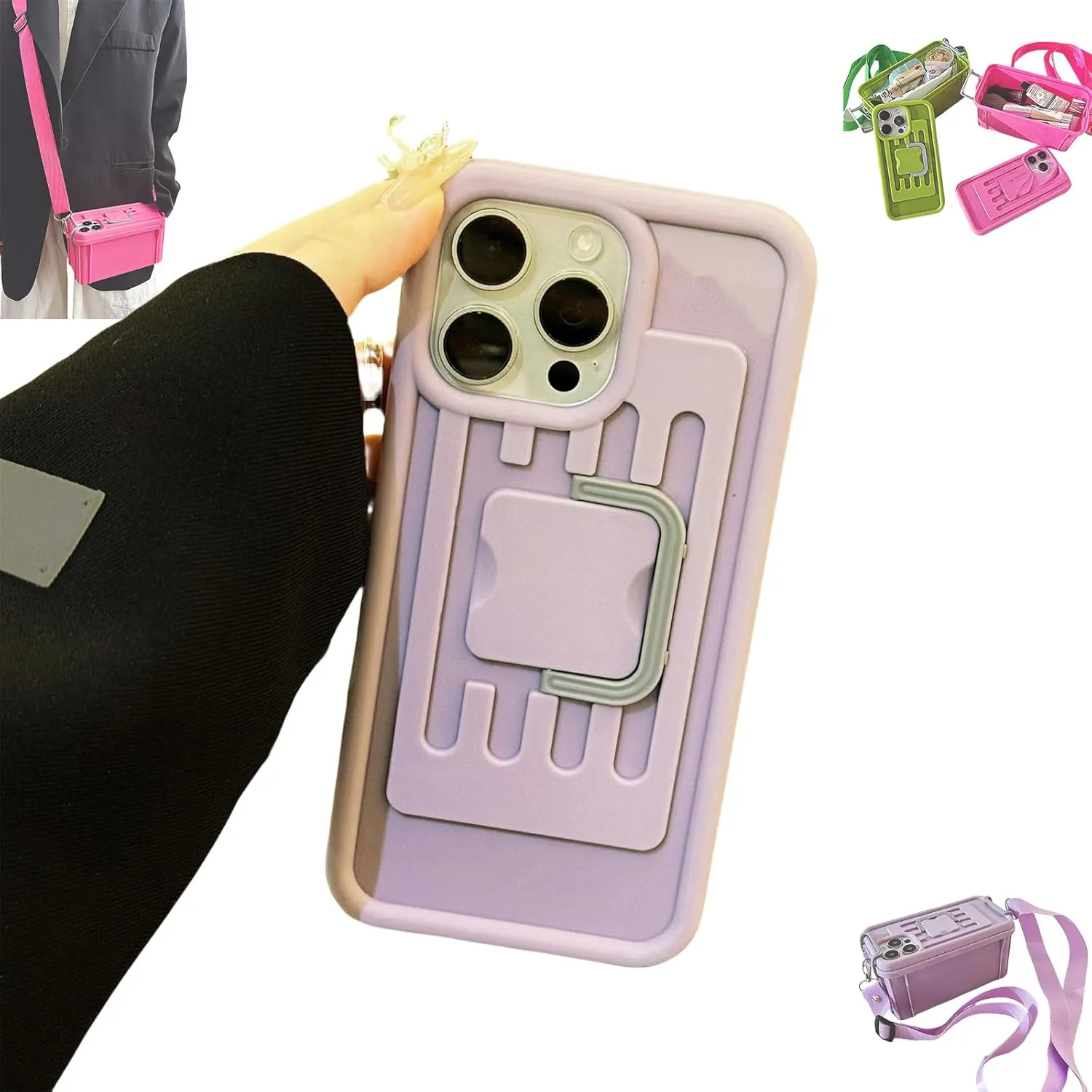 Funny Suitcase Crossbody Phone Case, Creative Silicone Cross Body Phone Case with Storage Box 2 in 1 Crossbody Bag Shape Phone Case Can Hold Lipstick Foundation Keys Cards (for iPhone14PRO MAX,Purple)