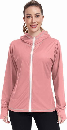 GAIGEO Peach Gradient Women Jacket UPF 50  Women Uv Protection Clothing, Hooded Design Thumb Holes, S