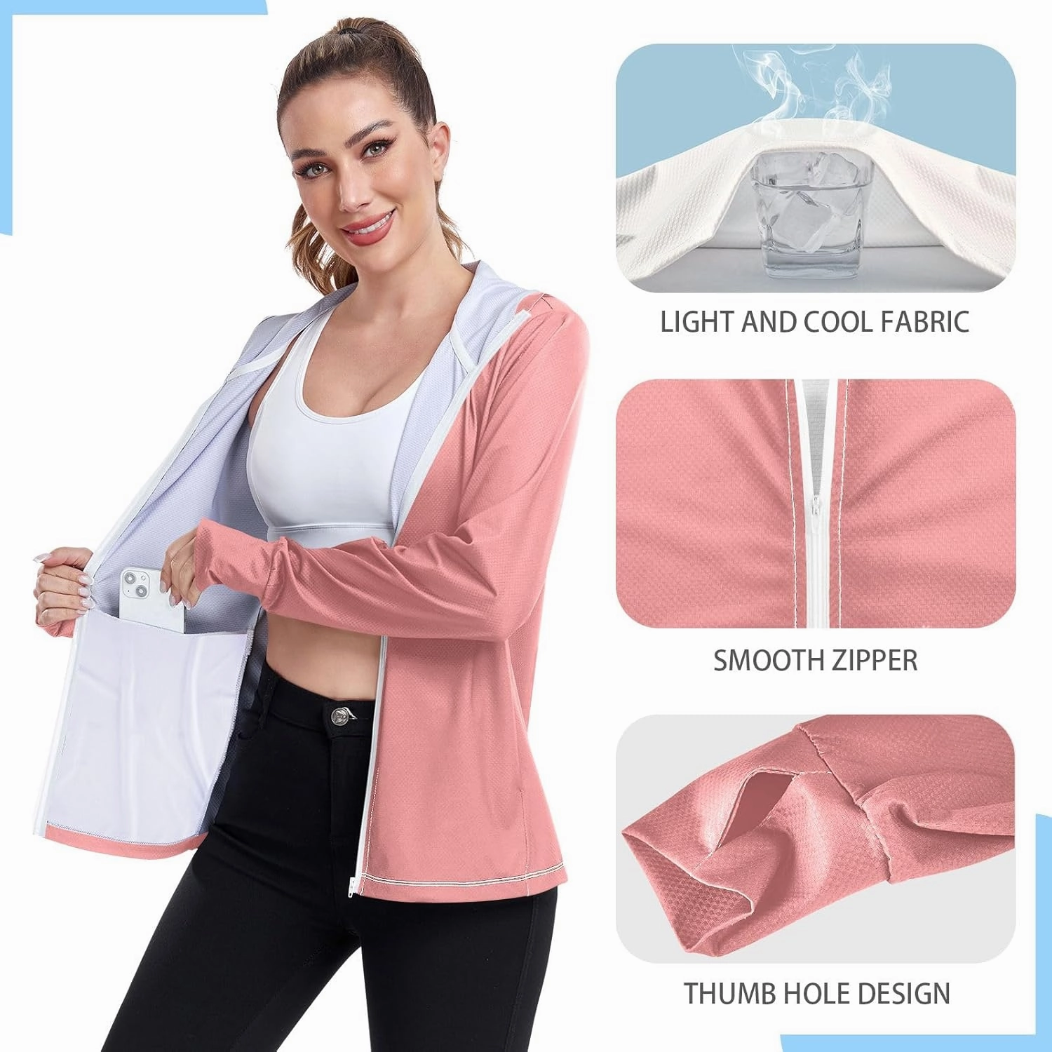 GAIGEO Peach Gradient Women Jacket UPF 50  Women Uv Protection Clothing, Hooded Design Thumb Holes, S