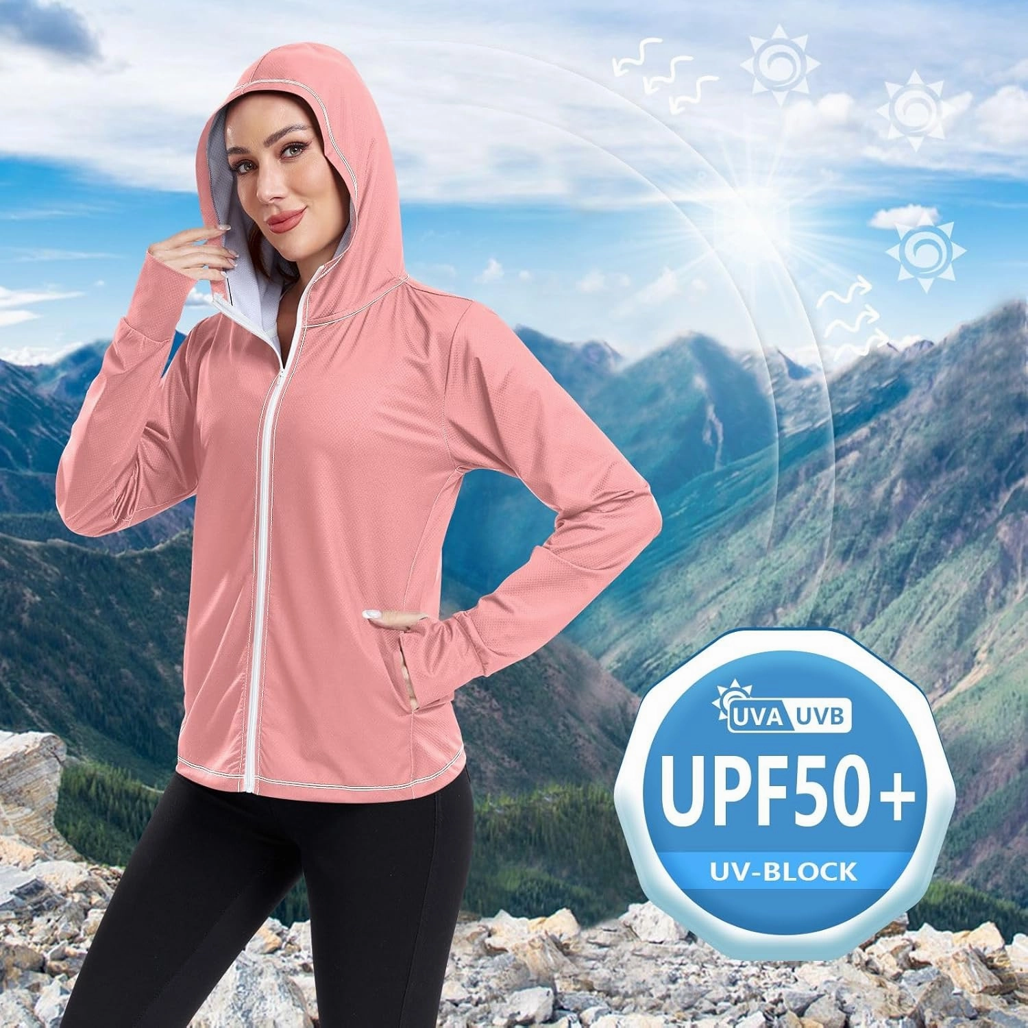 GAIGEO Peach Gradient Women Jacket UPF 50  Women Uv Protection Clothing, Hooded Design Thumb Holes, S