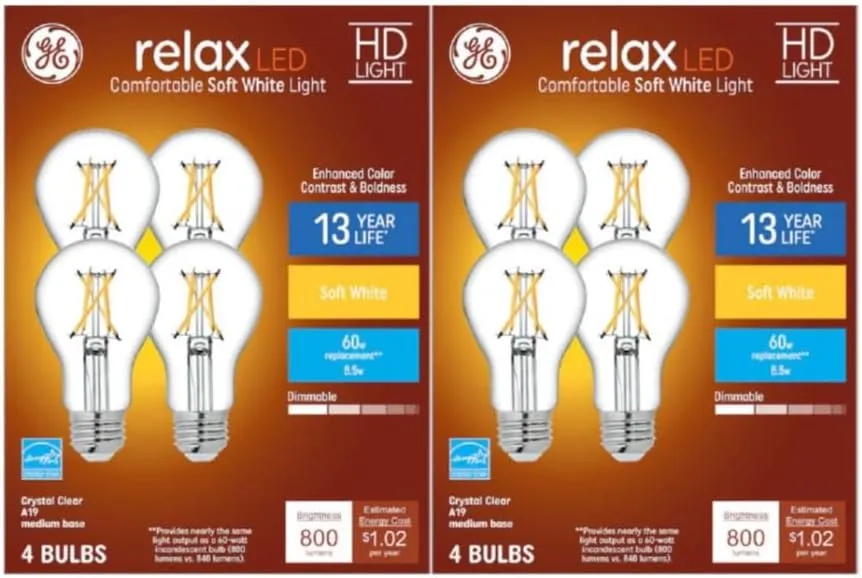GE Relax 8-Pack A19 60 Watt Equivalent Crystal Clear Soft White Dimmable LED Light Bulbs
