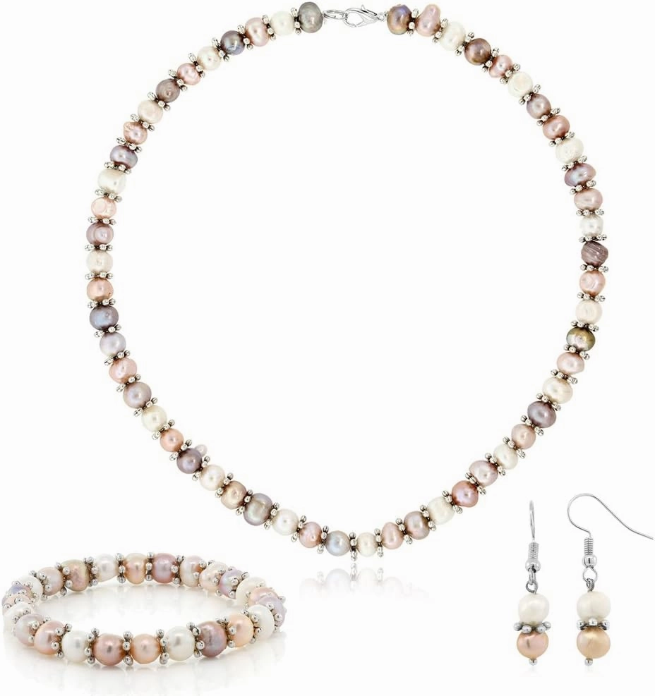 Gem Stone King Pink and White Cultured Freshwater Pearl Necklace Earrings Bracelet Jewelry Set 7-8MM 18 Inches
