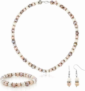 Gem Stone King Pink and White Cultured Freshwater Pearl Necklace Earrings Bracelet Jewelry Set 7-8MM 18 Inches