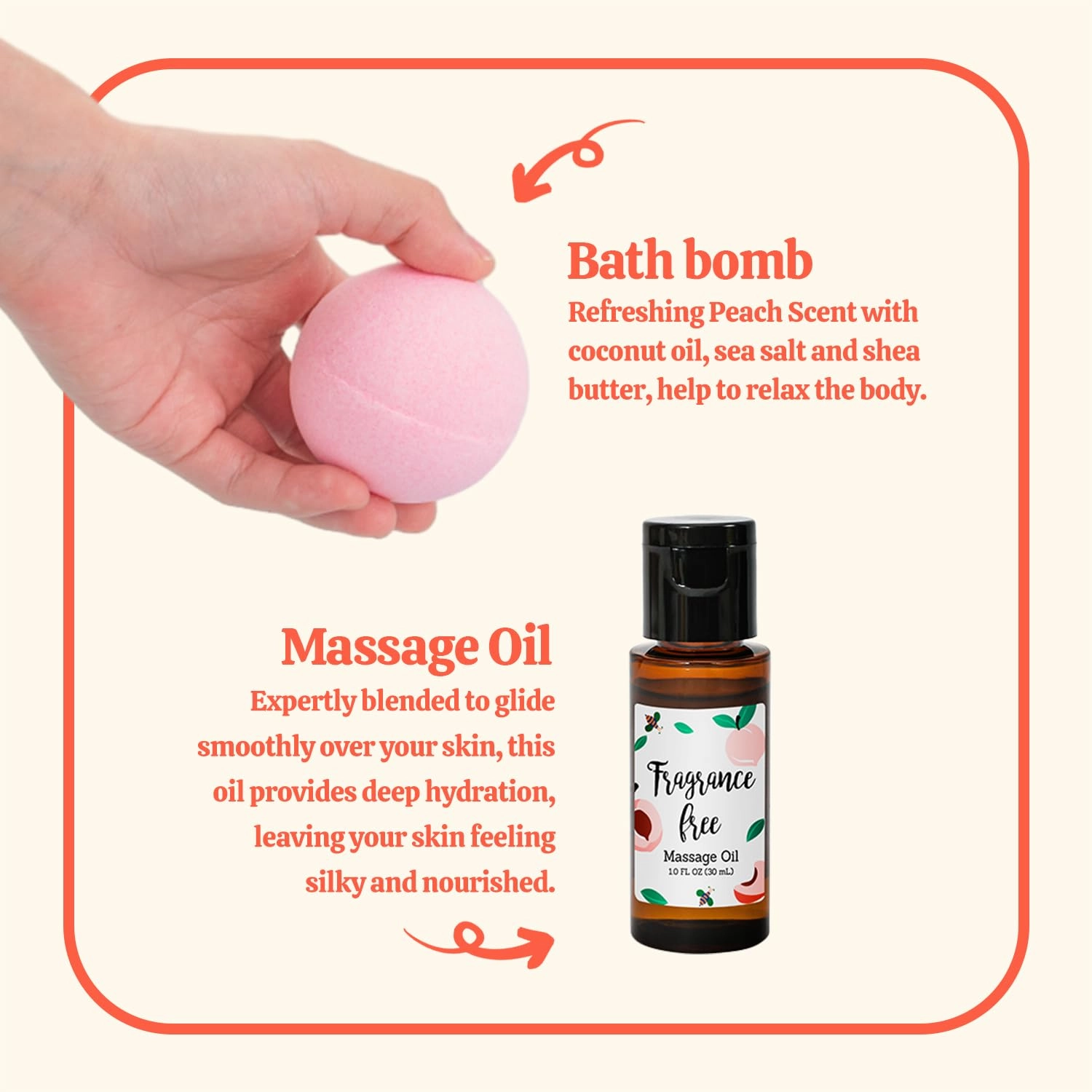Gift Box For Women - 8 Piece Spa Kit with Peach Scent, Bath Set includes Bath Bomb, Scent Candle and Massage oil, Mothers Day Gifts