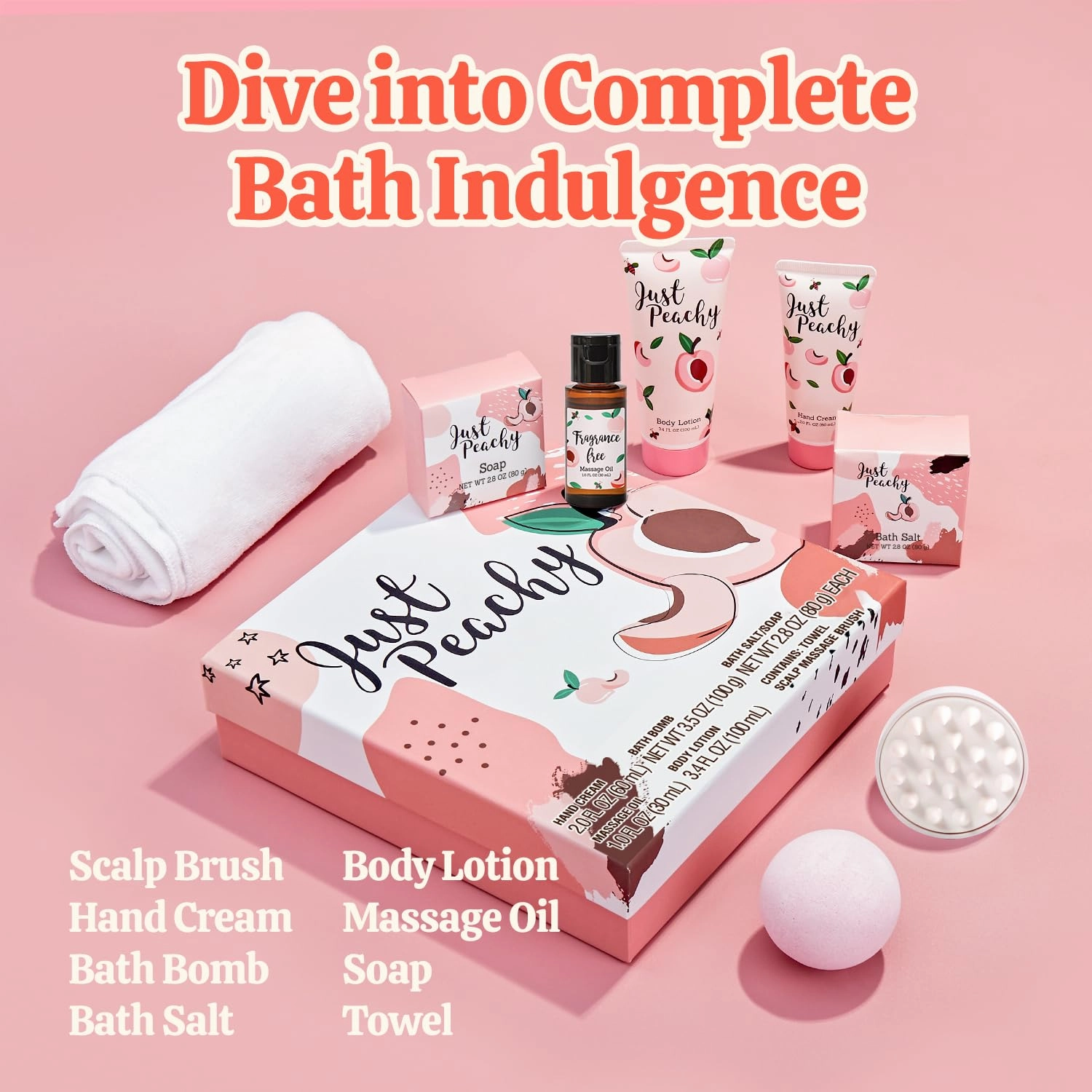 Gift Box For Women - 8 Piece Spa Kit with Peach Scent, Bath Set includes Bath Bomb, Scent Candle and Massage oil, Mothers Day Gifts