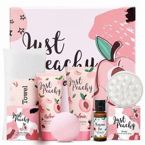 Gift Box For Women - 8 Piece Spa Kit with Peach Scent, Bath Set includes Bath Bomb, Scent Candle and Massage oil, Mothers Day Gifts