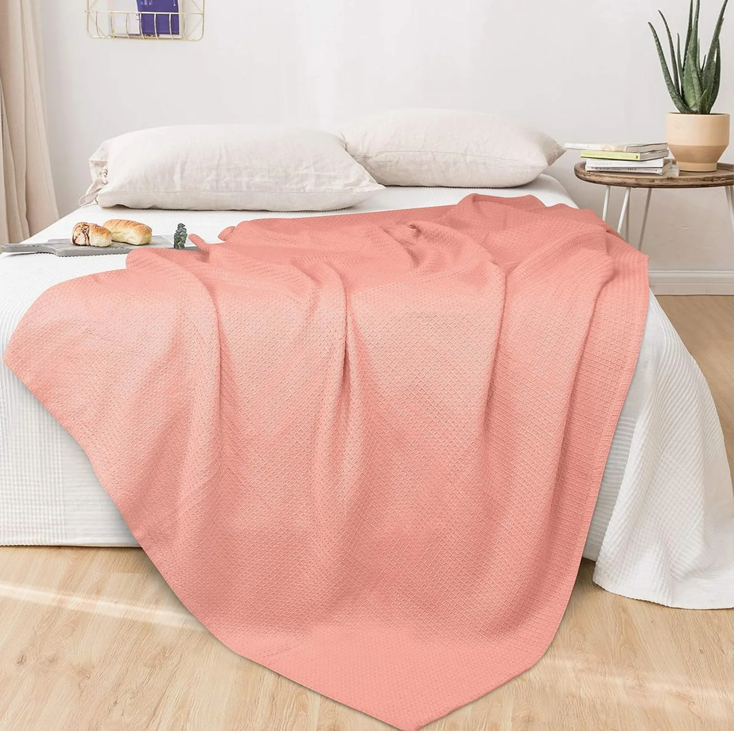 GLAMBURG 100% Cotton Thermal Bed Blanket, Twin Size, Soft Waffle Blanket, All Season, Peach