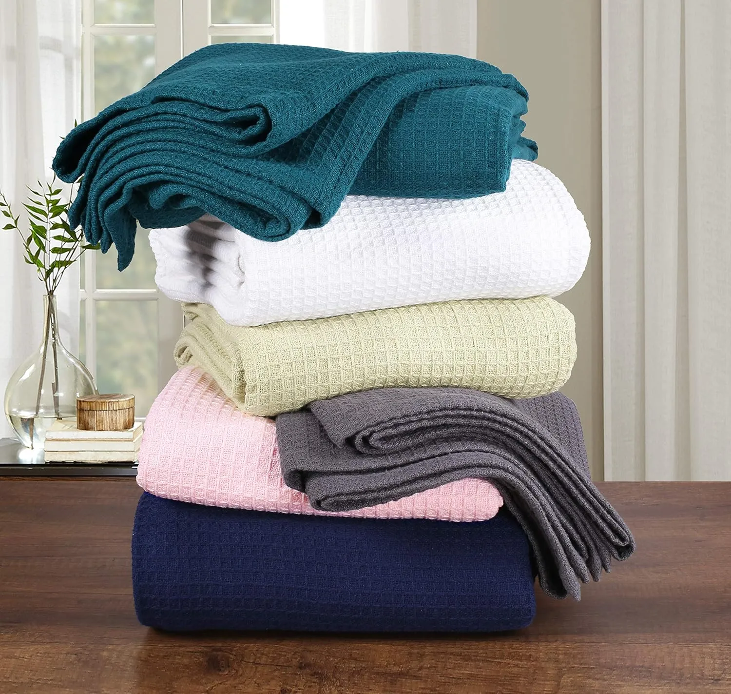 GLAMBURG 100% Cotton Thermal Bed Blanket, Twin Size, Soft Waffle Blanket, All Season, Peach