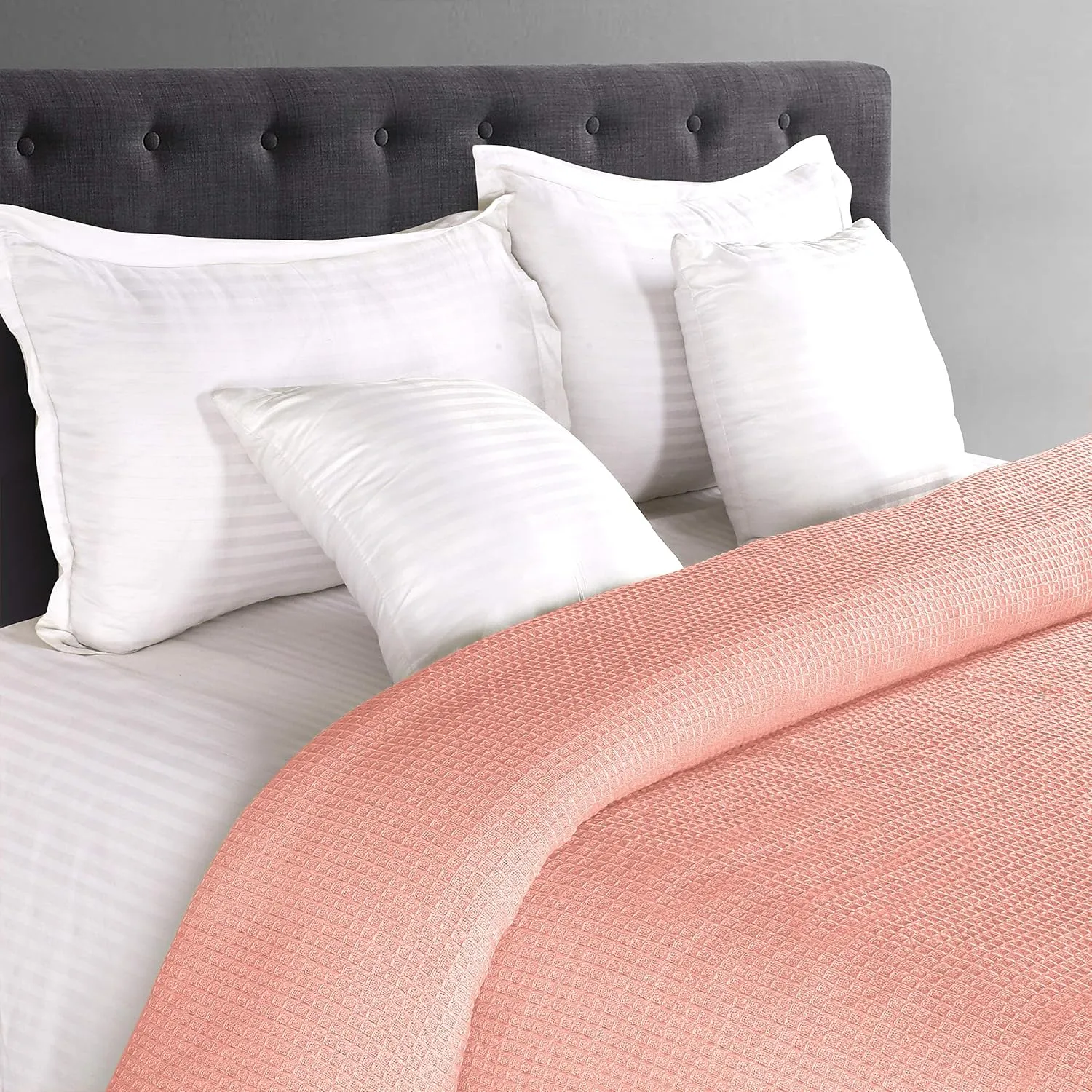 GLAMBURG 100% Cotton Thermal Bed Blanket, Twin Size, Soft Waffle Blanket, All Season, Peach