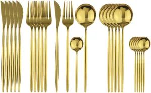 Gold Silverware Set, 24-Piece Stainless Steel Flatware Set Service For 6, Mirror Polished Tableware Cutlery Set Knife Fork And Spoon For Home & Restaurant, Dishwasher Safe