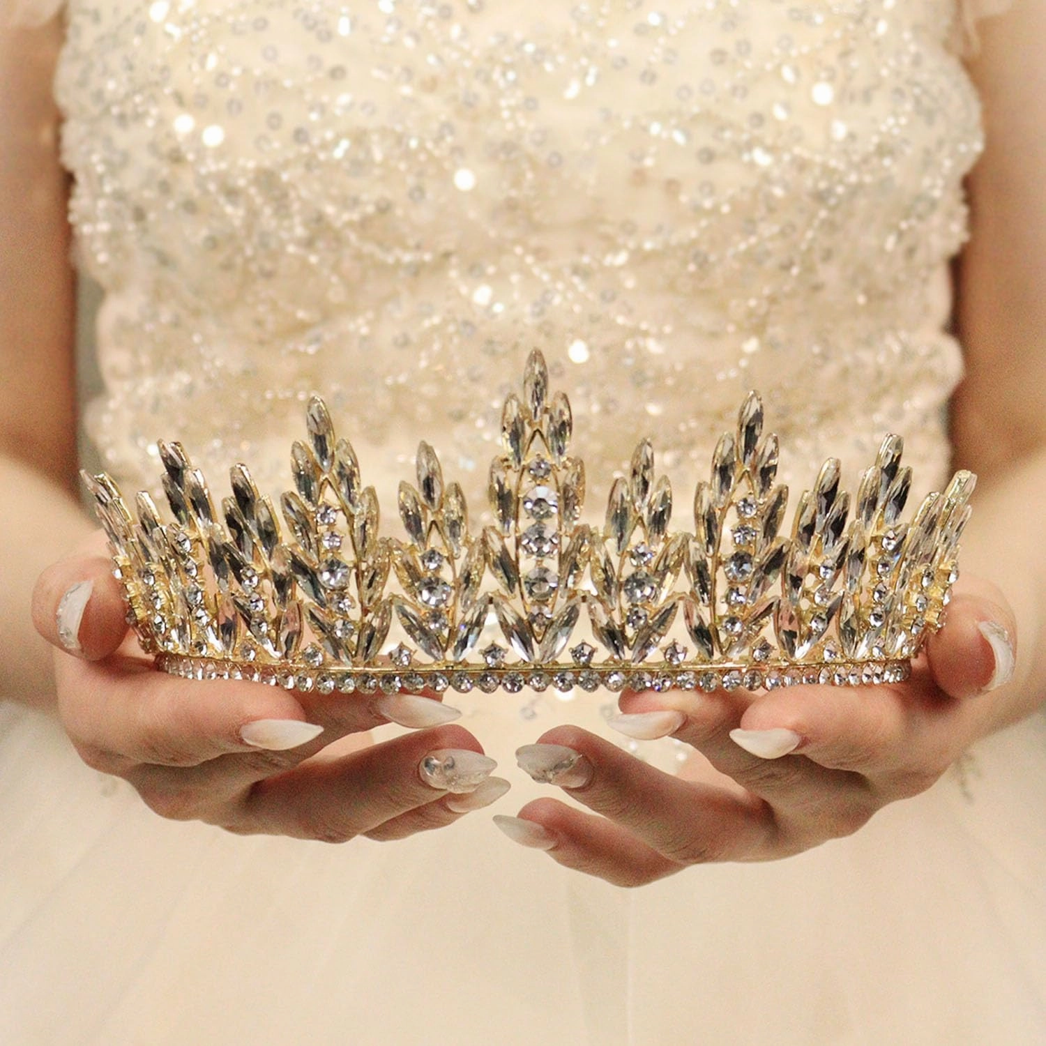 Gold Bride Wedding Tiara Crown for Women Elegant Royal Queen Crown Headband Glitter Crystal Princess Headpieces for Quinceanera Pageant Prom Birthday (02Gold-white, Standard)