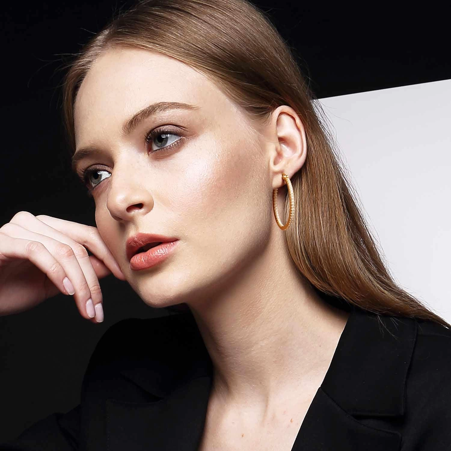Gold Earrings 14K Gold Hoop Earrings for Women with Dual-sided Cubic Zirconia Hoop Earring for Women Sensitive Ears Hypoallergenic Womens Hoops Earring 15/20/30/35mm