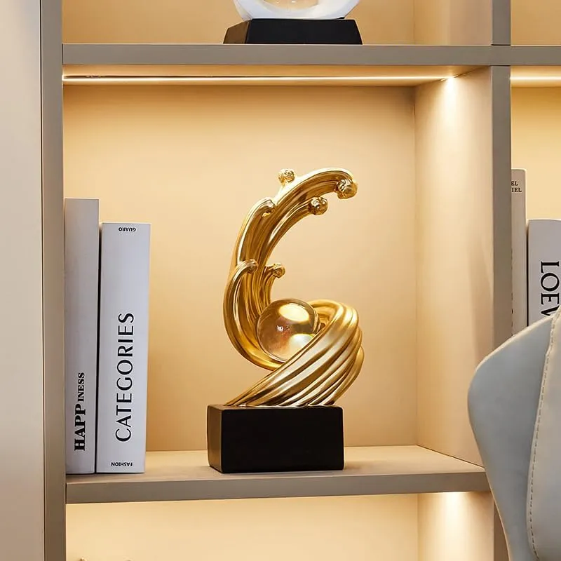 Golden Wave Resin Sculptures with Crystal Ball Decor - Modern Abstract Home Decor, Ideal for Dining Table Centerpiece, Bookshelf, TV Stand, Office Desk & Home Entryway (B,Gold)