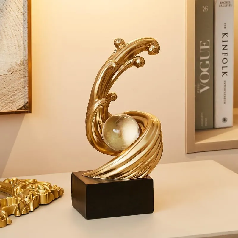 Golden Wave Resin Sculptures with Crystal Ball Decor - Modern Abstract Home Decor, Ideal for Dining Table Centerpiece, Bookshelf, TV Stand, Office Desk & Home Entryway (B,Gold)