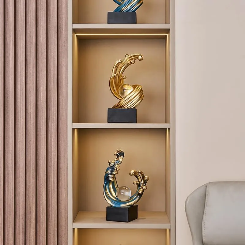 Golden Wave Resin Sculptures with Crystal Ball Decor - Modern Abstract Home Decor, Ideal for Dining Table Centerpiece, Bookshelf, TV Stand, Office Desk & Home Entryway (B,Gold)