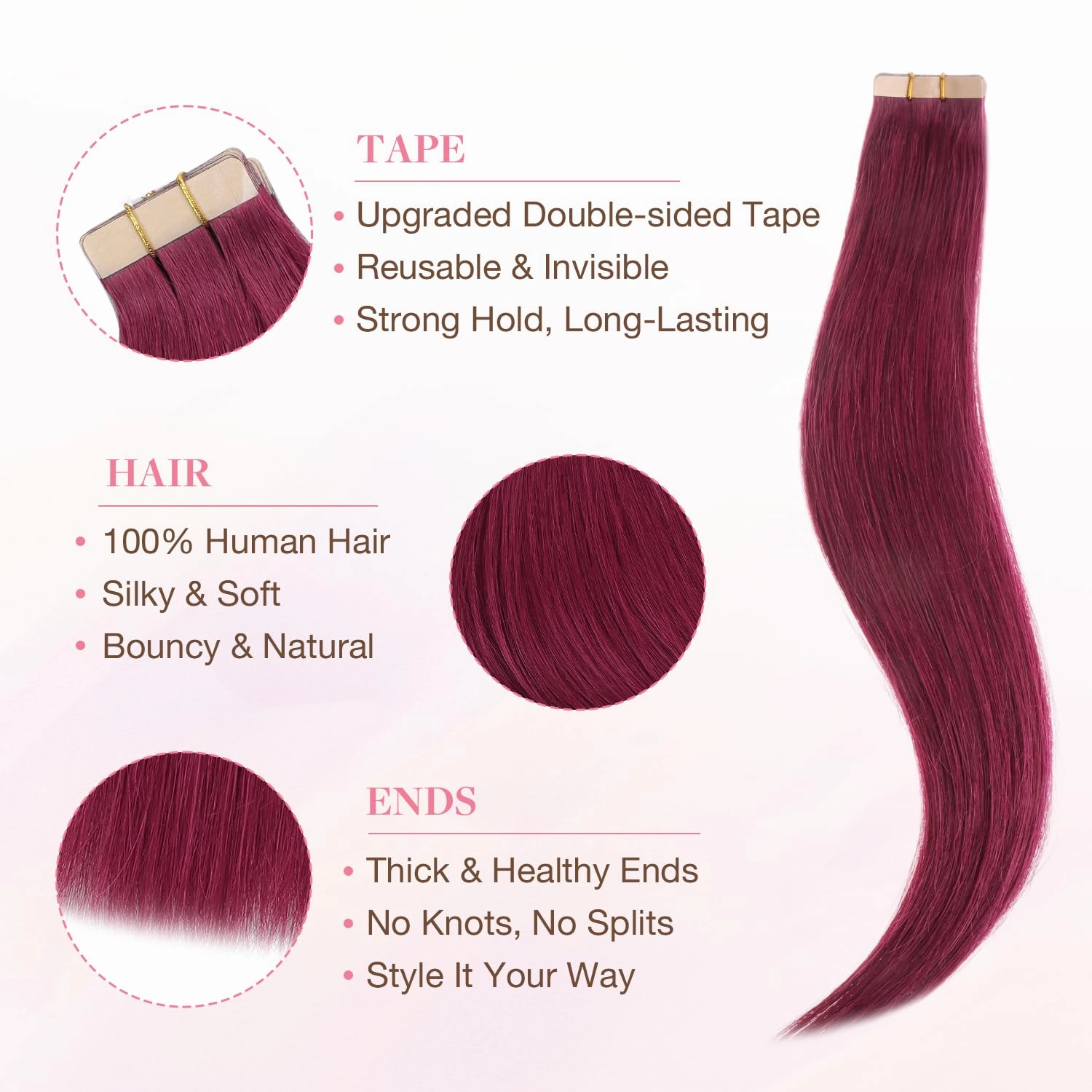 GOO GOO Tape in Hair Extensions Human Hair, Burgundy Red, 10inch 20g 10pcs, Colored Tape ins Human Hair Extensions, Silky&Soft Invisible Tape Ins, Hair Highlighted for Party