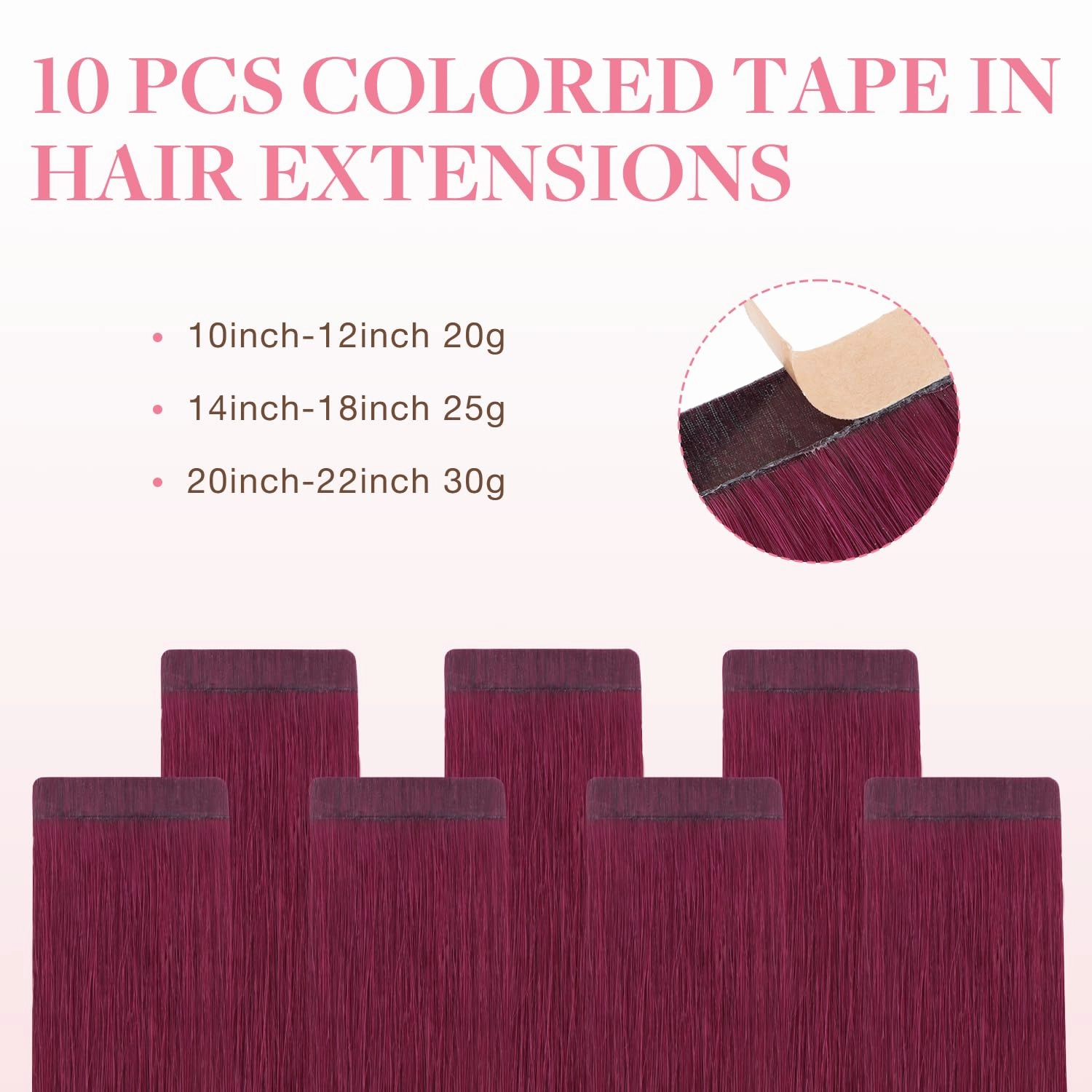 GOO GOO Tape in Hair Extensions Human Hair, Burgundy Red, 10inch 20g 10pcs, Colored Tape ins Human Hair Extensions, Silky&Soft Invisible Tape Ins, Hair Highlighted for Party