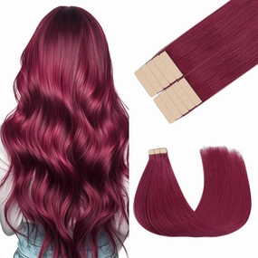 GOO GOO Tape in Hair Extensions Human Hair, Burgundy Red, 10inch 20g 10pcs, Colored Tape ins Human Hair Extensions, Silky&Soft Invisible Tape Ins, Hair Highlighted for Party