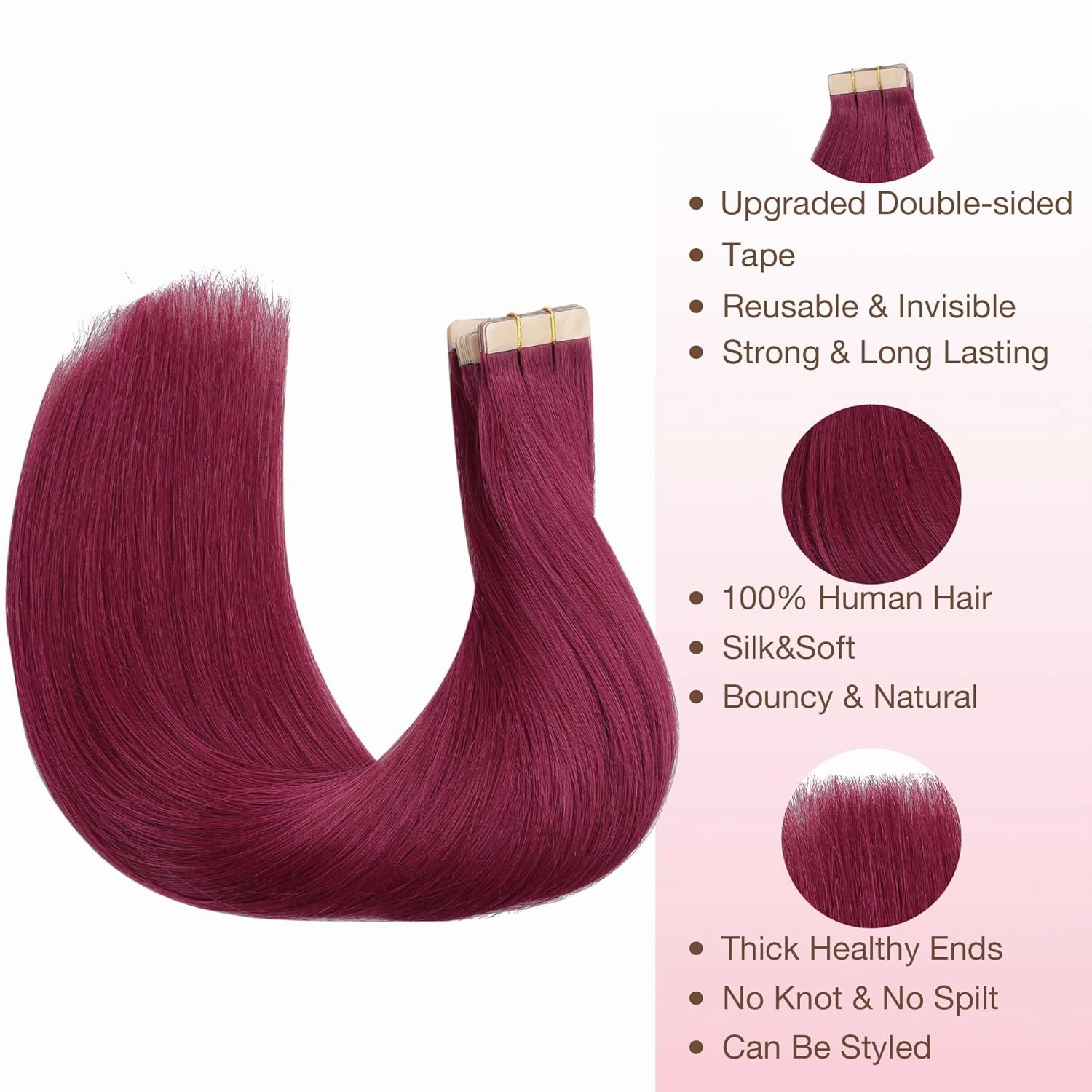 GOO GOO Tape in Hair Extensions Human Hair, Burgundy Red, 22inch 30g 10pcs, Colored Tape ins Human Hair Extensions, Silky&Soft Invisible Tape Ins, Hair Highlighted for Party