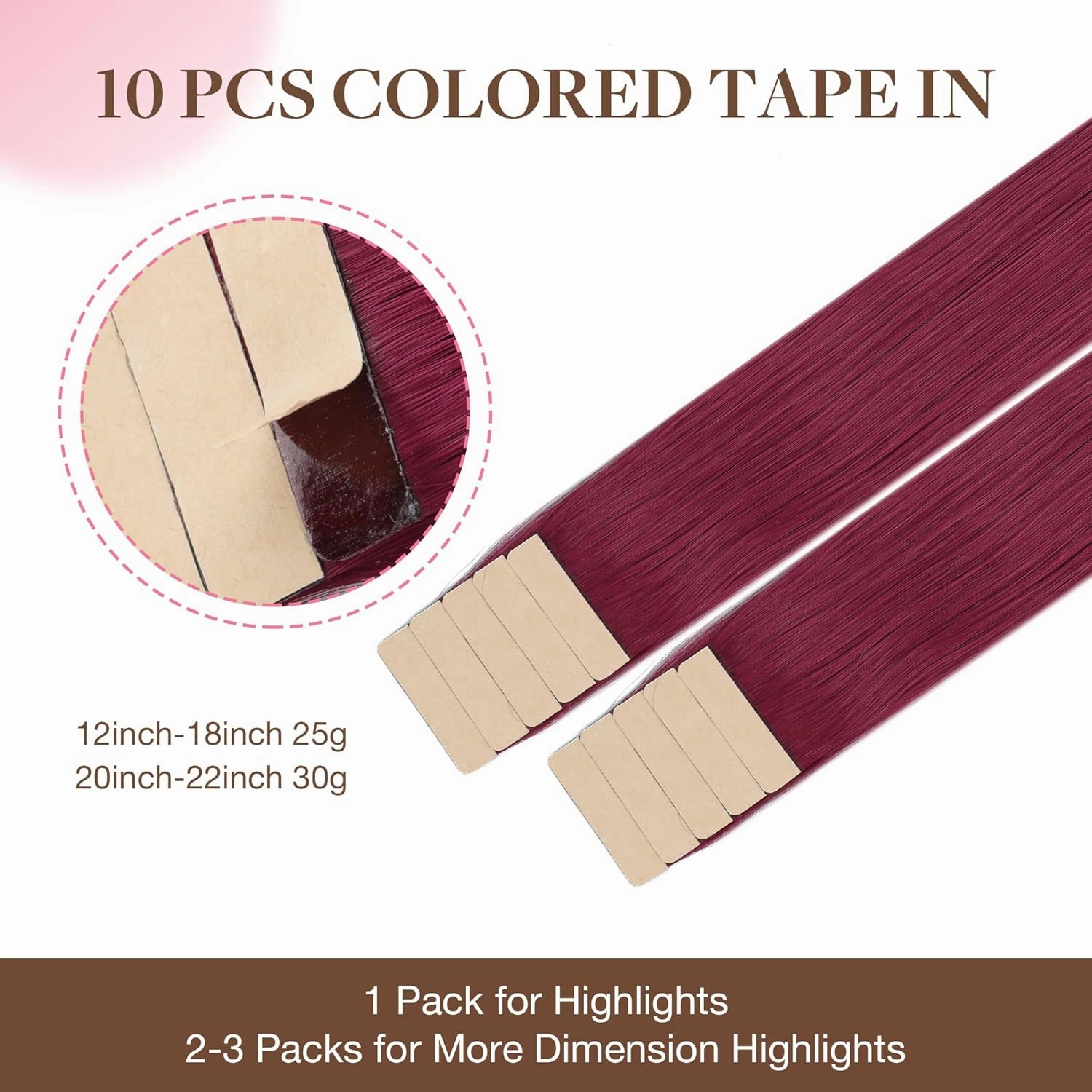 GOO GOO Tape in Hair Extensions Human Hair, Burgundy Red, 22inch 30g 10pcs, Colored Tape ins Human Hair Extensions, Silky&Soft Invisible Tape Ins, Hair Highlighted for Party