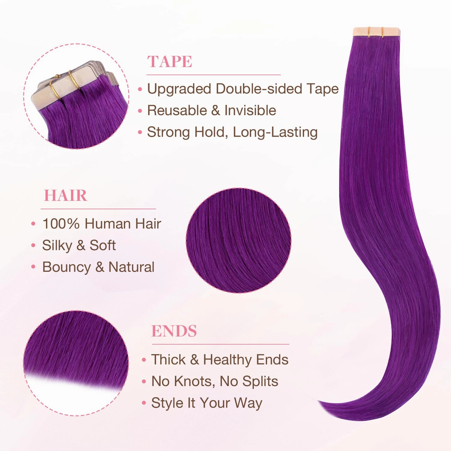 GOO GOO Tape in Hair Extensions Human Hair, Purple, 10inch 20g 10pcs, Colored Tape ins Human Hair Extensions, Silky&Soft Invisible Tape Ins, Hair Highlighted for Party