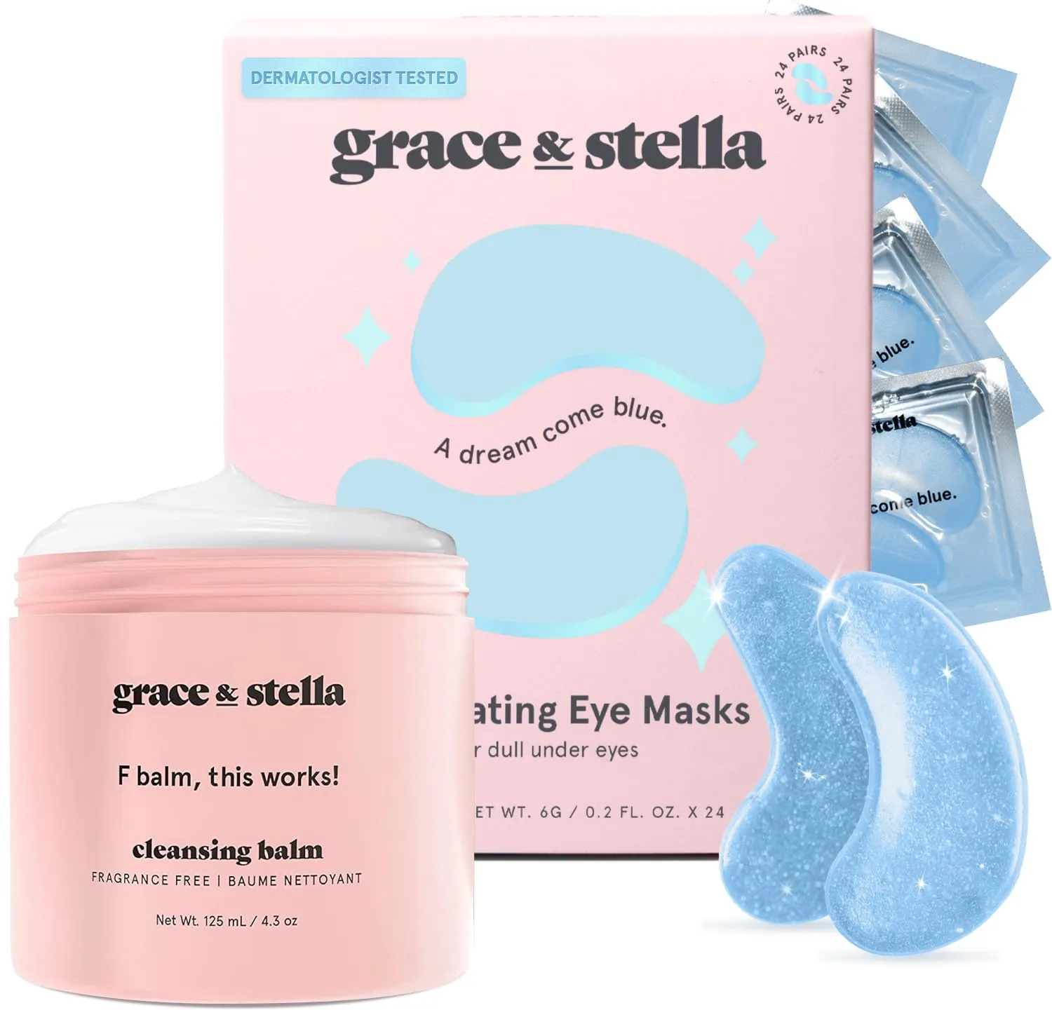 grace & stella Eye Mask Blue 24 Pairs   Cleansing Balm 4.3 oz Bundle
