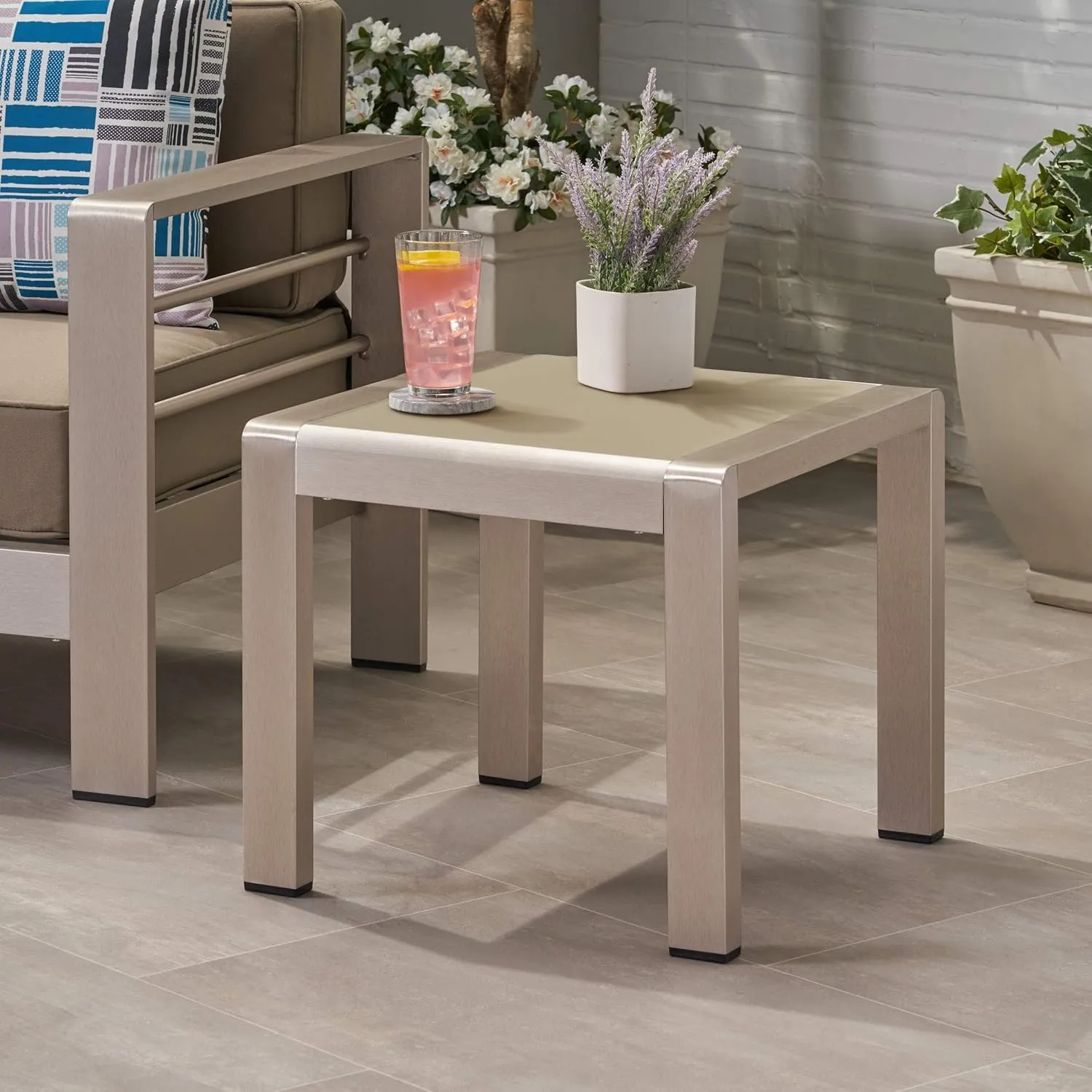 Great Deal Furniture Noble House Cape Coral Outdoor Glass Top Aluminum Side Table in Matte Gray