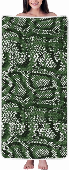 Green Snakeskin Print Bath Towel Microfiber Coral Velvet Bath Towels Highly Absorbent Soft Beach Sheet 27" x 55" Luxury Hemming Shower Towels
