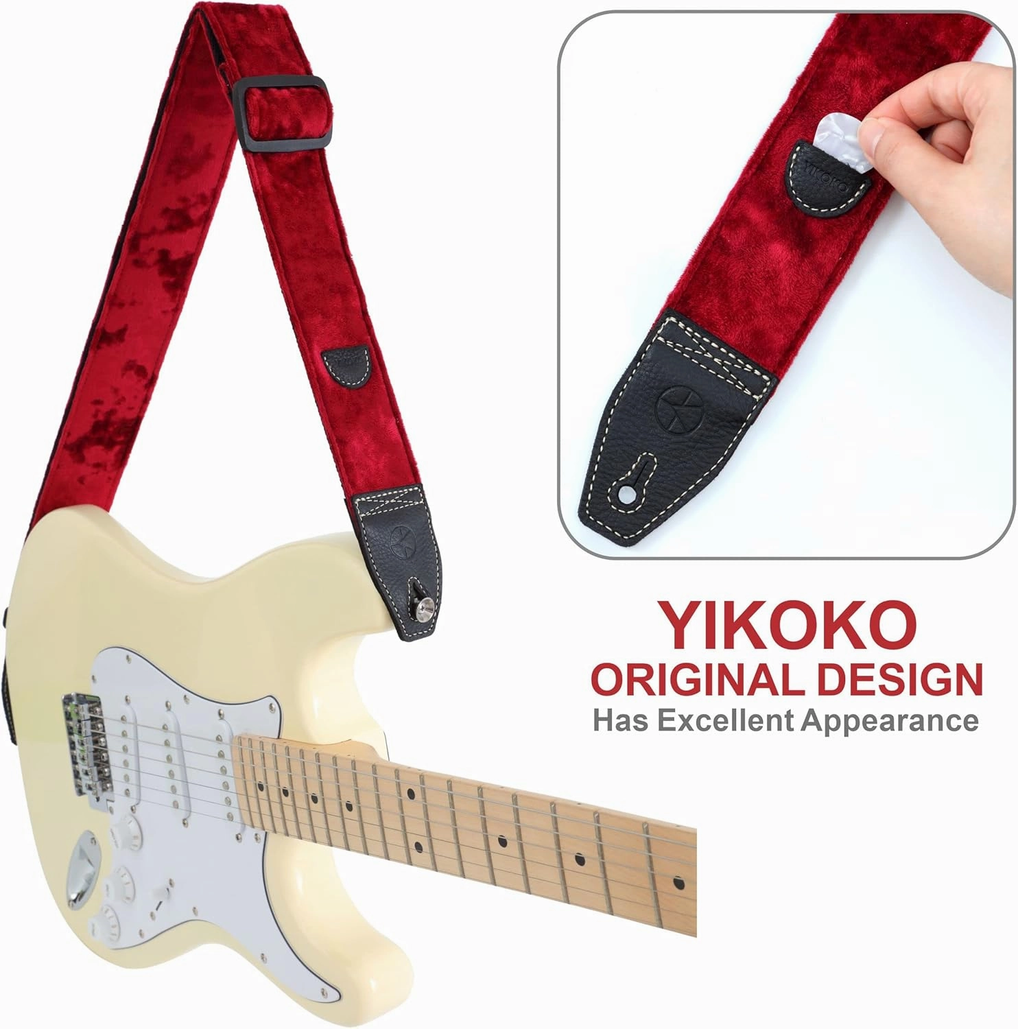 Guitar Strap 2 inch Velvet Guitar Straps with Full Grain Leather End, for Bass Electric and Acoustic Guitars, Free Strap Button, 2 Strap Locks and 4 Guitar Picks