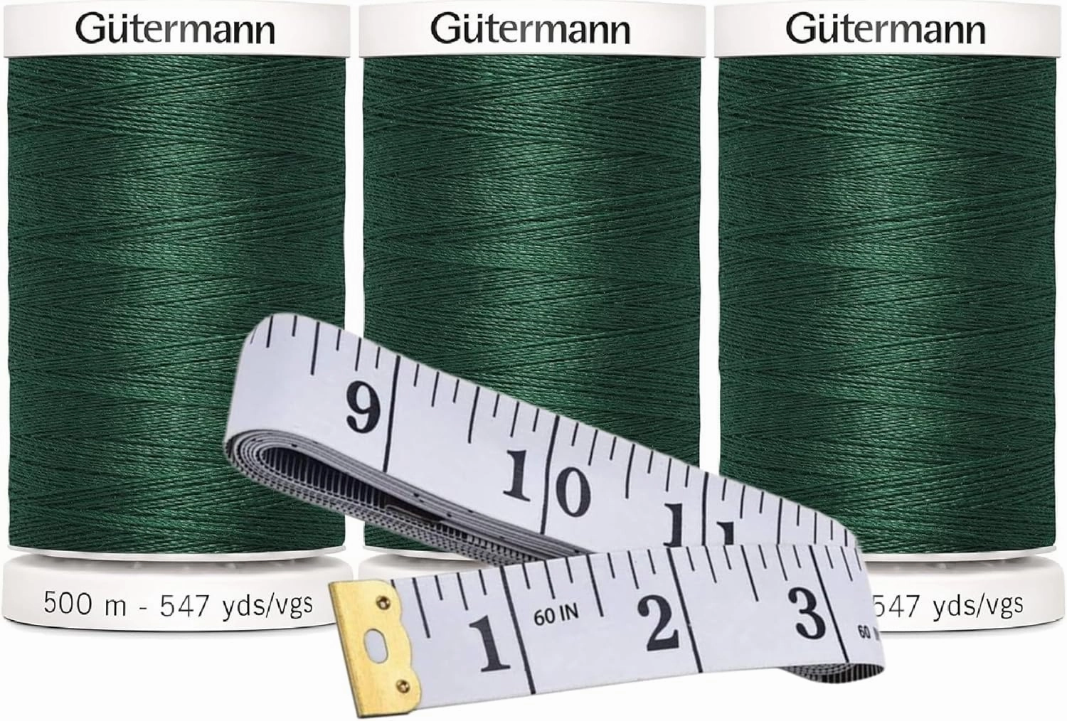 Gutermann Sew-All Thread (500m/547yd Each), 3-Pack Bundle with Bella's Crafts Soft Tape Measure (Dark Green - 788)