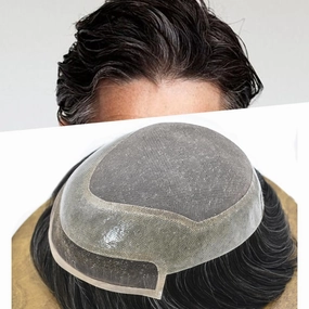 Hair System for Men Toupee Human Hair Pieces French Lace Front Bleached Knot Toupee for Men Hair Replacement Systems Durable Fine Monofilament Men's Hairpiece 7X9#1B10 1B# OFF BLACK 10% GREY