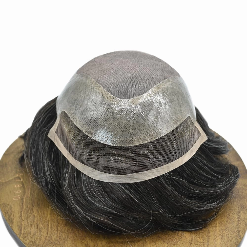 Hair System for Men Toupee Human Hair Pieces French Lace Front Bleached Knot Toupee for Men Hair Replacement Systems Durable Fine Monofilament Men's Hairpiece 7X9#1B10 1B# OFF BLACK 10% GREY