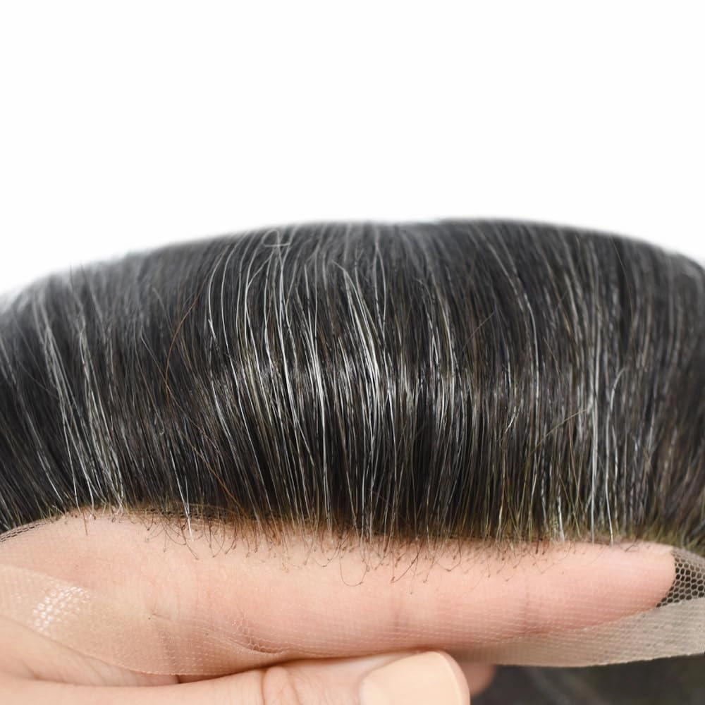 Hair System for Men Toupee Human Hair Pieces French Lace Front Bleached Knot Toupee for Men Hair Replacement Systems Durable Fine Monofilament Men's Hairpiece 7X9#1B10 1B# OFF BLACK 10% GREY