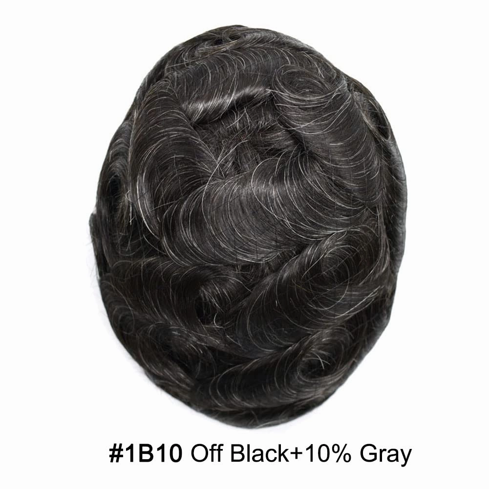 Hair System for Men Toupee Human Hair Pieces French Lace Front Bleached Knot Toupee for Men Hair Replacement Systems Durable Fine Monofilament Men's Hairpiece 7X9#1B10 1B# OFF BLACK 10% GREY