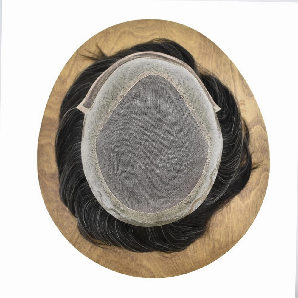 Hair System for Men Toupee Human Hair Pieces French Lace Front Bleached Knot Toupee for Men Hair Replacement Systems Durable Fine Monofilament Men's Hairpiece 7X9#1B20 1B# OFF BLACK 20% GREY