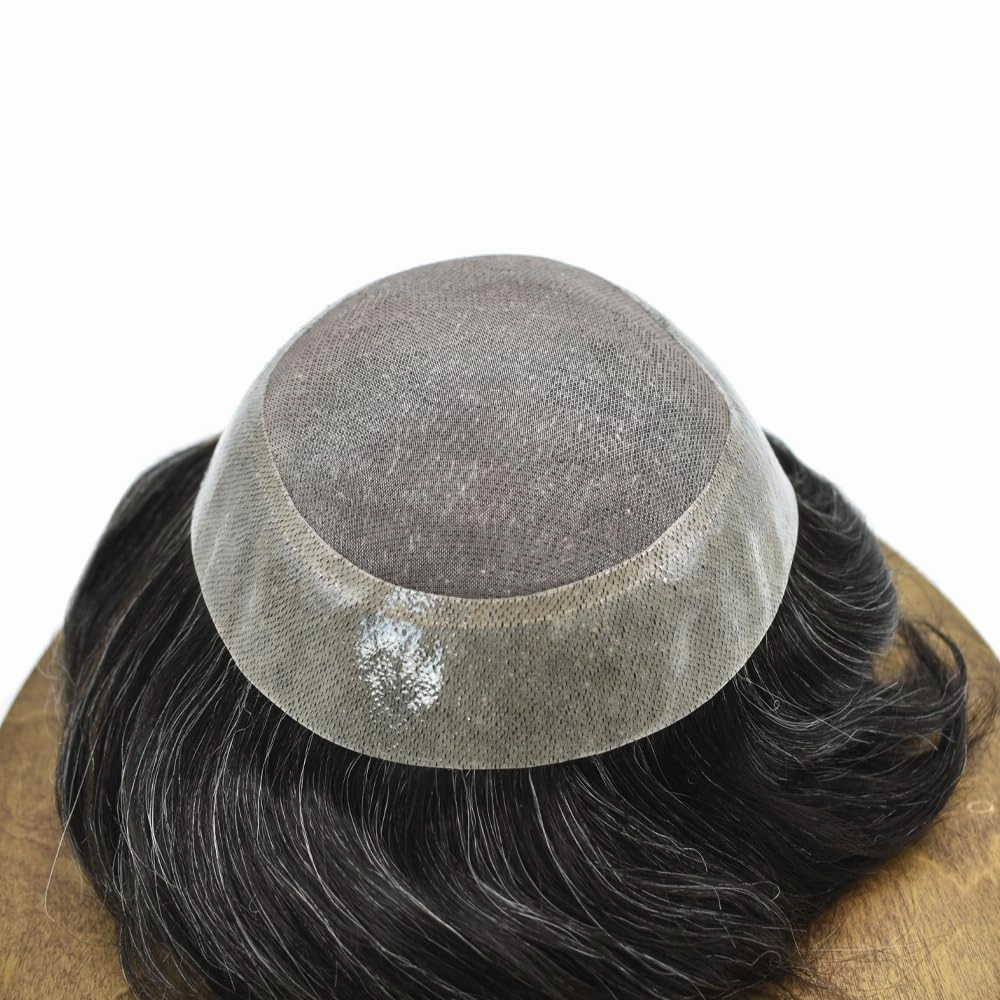Hair System for Men Toupee Human Hair Pieces French Lace Front Bleached Knot Toupee for Men Hair Replacement Systems Durable Fine Monofilament Men's Hairpiece 7X9#1B20 1B# OFF BLACK 20% GREY