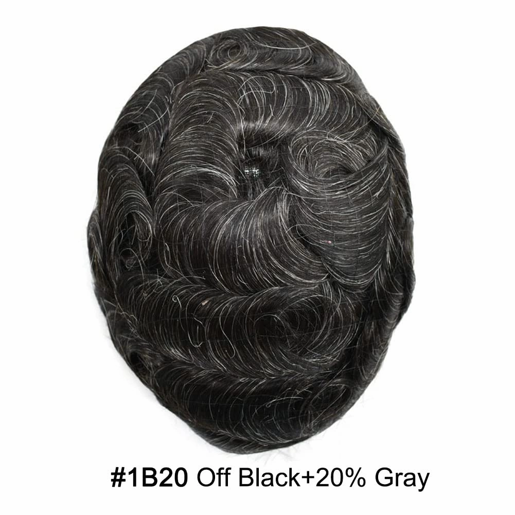 Hair System for Men Toupee Human Hair Pieces French Lace Front Bleached Knot Toupee for Men Hair Replacement Systems Durable Fine Monofilament Men's Hairpiece 7X9#1B20 1B# OFF BLACK 20% GREY