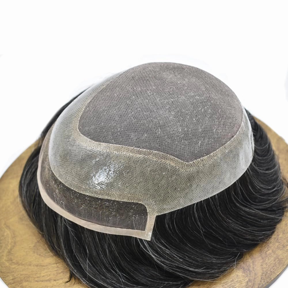 Hair System for Men Toupee Human Hair Pieces French Lace Front Bleached Knot Toupee for Men Hair Replacement Systems Durable Fine Monofilament Men's Hairpiece 7X9#1B30 1B# OFF BLACK 30% GREY