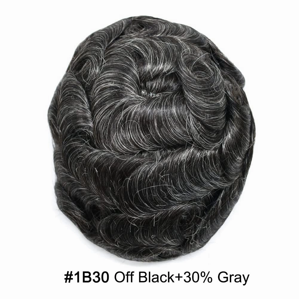Hair System for Men Toupee Human Hair Pieces French Lace Front Bleached Knot Toupee for Men Hair Replacement Systems Durable Fine Monofilament Men's Hairpiece 7X9#1B30 1B# OFF BLACK 30% GREY